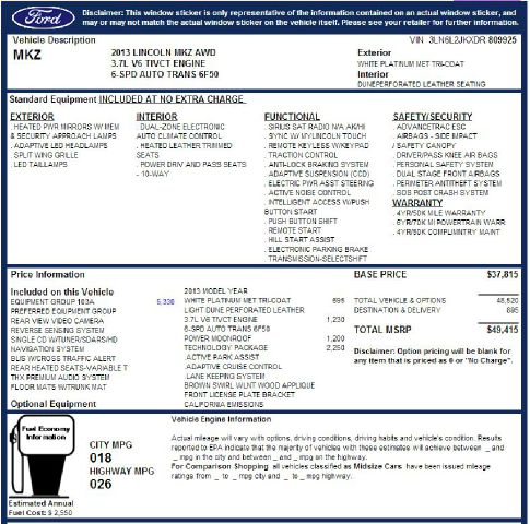 2013 Lincoln MKZ EX - DUAL Power Doors