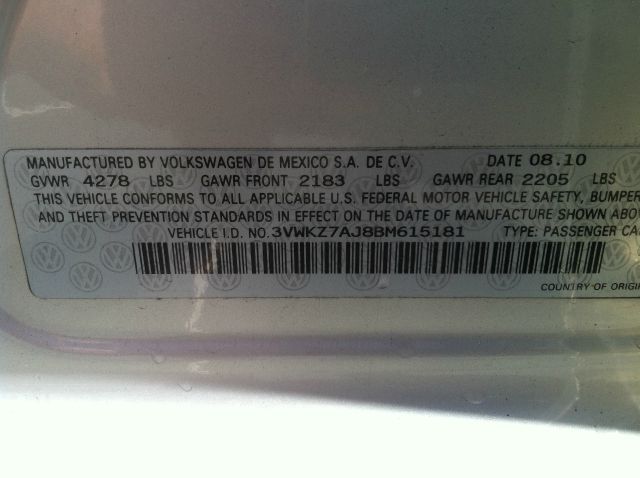 2011 Volkswagen Jetta 4 Door SR5 V6 Reg Bed